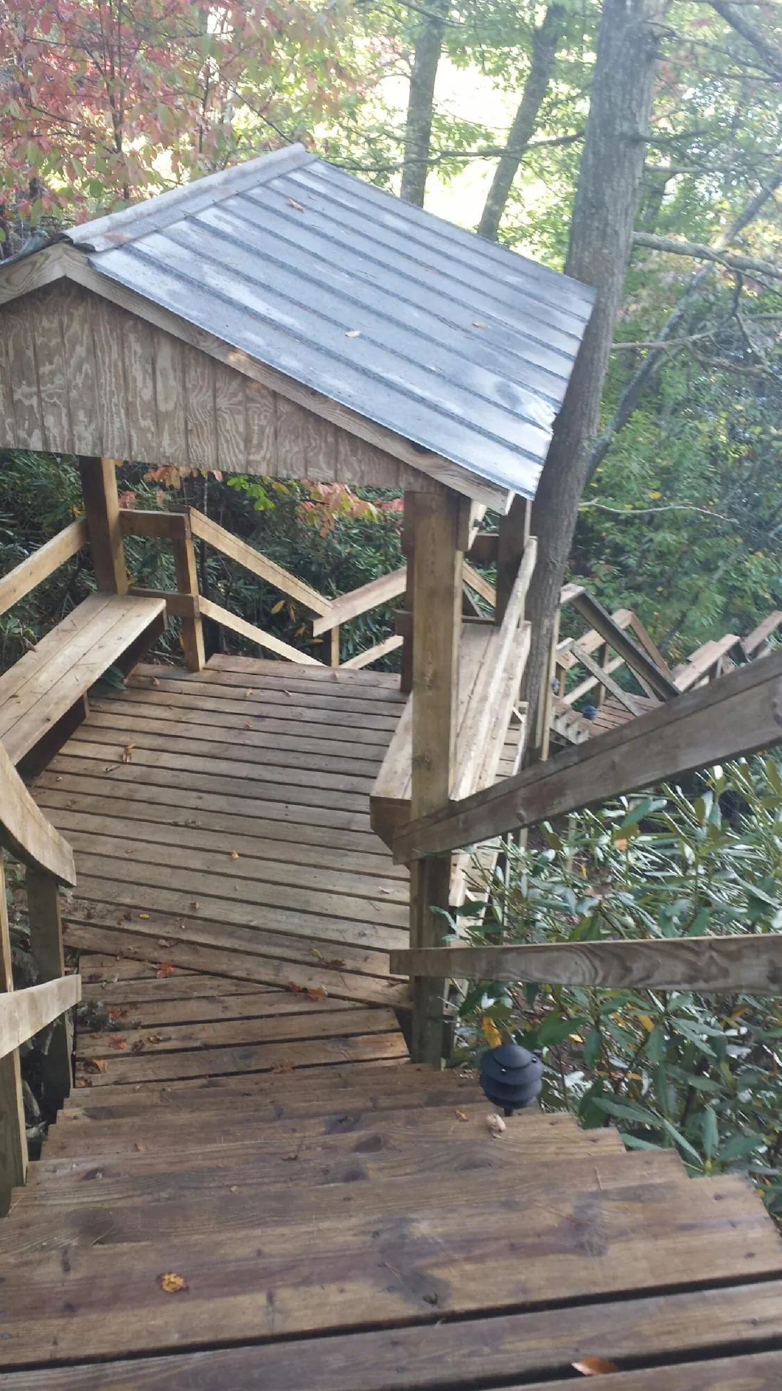 Metal roofed shelter over wooden steps on a wooded walkway — Skylight Repair & Installation work by our crew in Hughes Springs